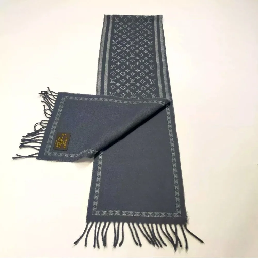 Auth Louis Vuitton Gray Wool Cashmere Blend Monogram Scarf Muffler Neckwarmer - Picture 8 of 9